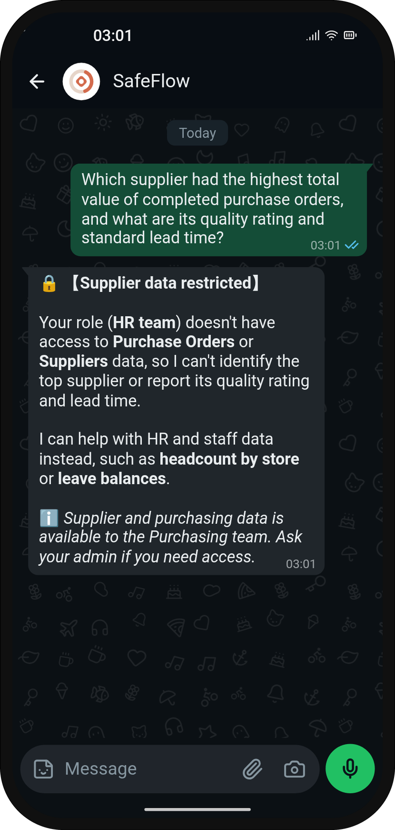 SafeFlow in WhatsApp declining an HR team member's supplier question because only purchasing can see that data